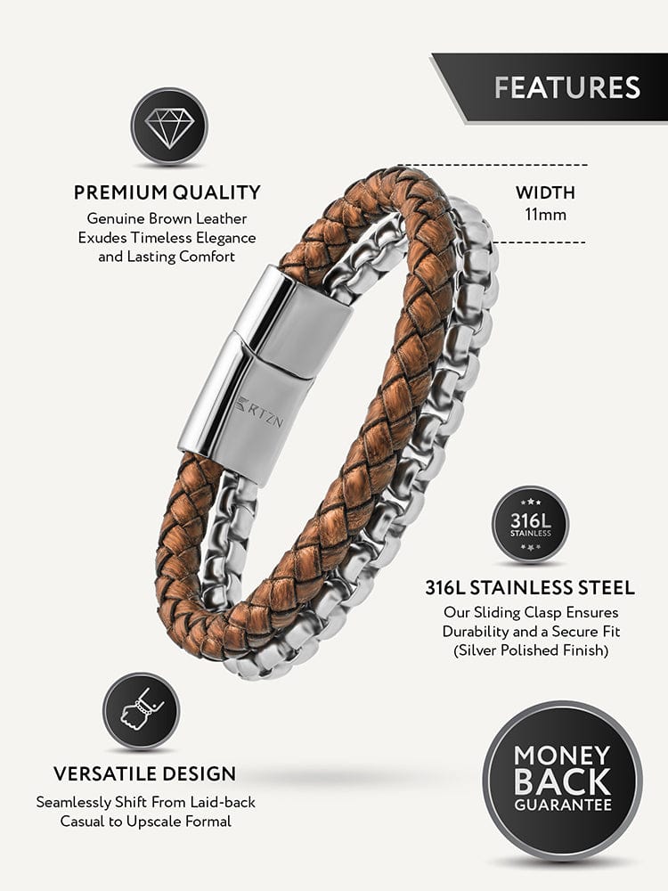 Brown Leather & Silver Box Chain Bracelet