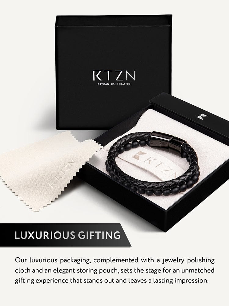 Black Braided Leather & Black Onyx Bead Bracelet