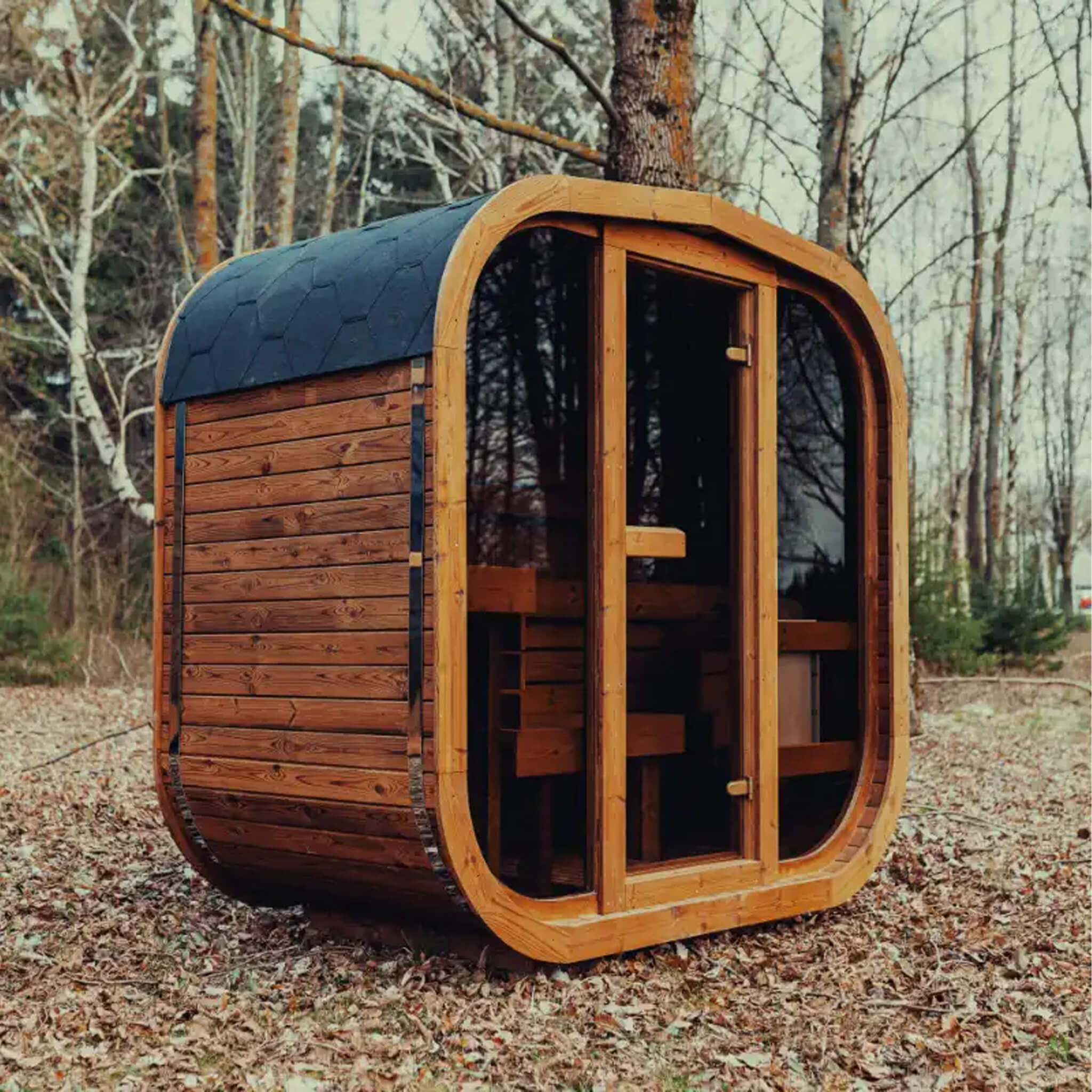 Premium 3-Person Outdoor Scandinavian ThermoWood Cube Sauna Kit With LED Lighting (SAK47582)
